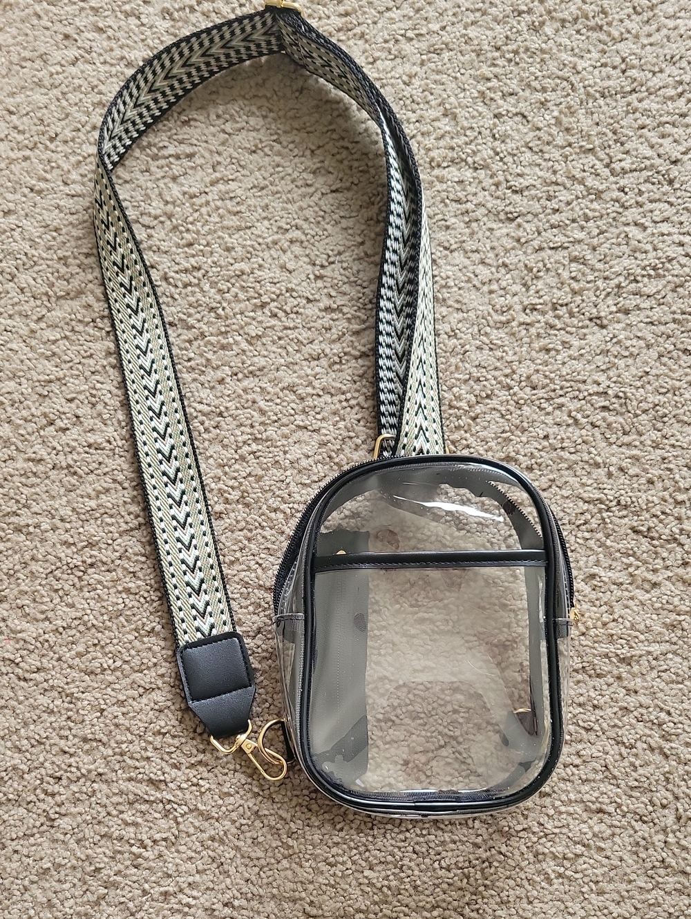 Clear Crossbody Bag with Black Trim and Patterned Strap